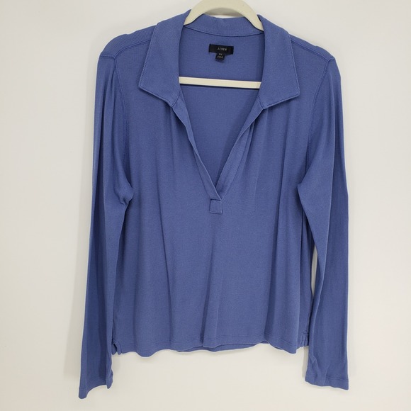 J. Crew Tops - J Crew Ribbed V-Neck Pullover Top Women XL Blue Long Sleeve Cotton Polo Collar